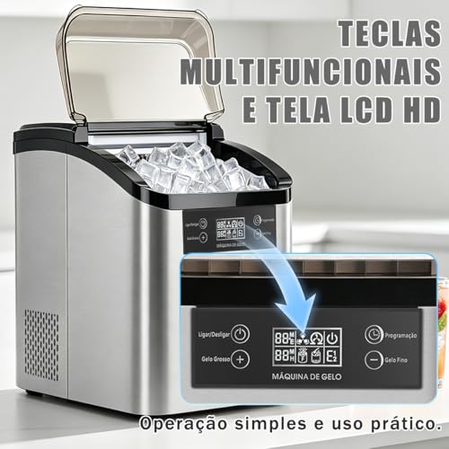 Ice Maker Portátil Inox 20kg/dia, Autolimpeza c/Pá e Cesto Casa Bar 127V
