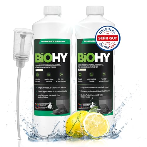 BiOHY Wischroboter Reiniger für Station mit Frischeduft (2 x 1L) + Dosierer | Bodenreiniger Wischroboter & Reinigungsmittel für Saugwischer und Saugro