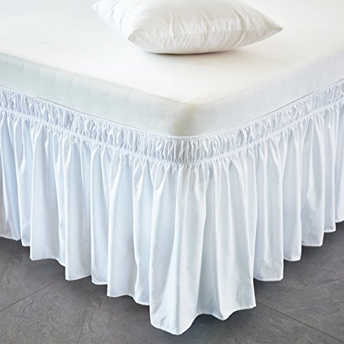 Cozylife Three Fabric Sides Wrap Around Elastic Solid Bed Skirt, Easy On/Easy Off Dust Ruffled Bed Skirts 14 Inch Tailored Drop (White,Full/Queen)