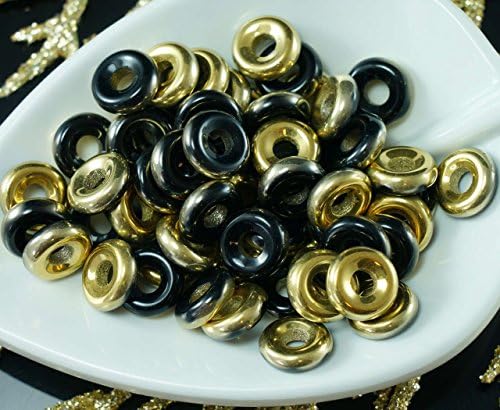 40pcs Black Gold Half Czech Glass Flat Ring Beads O Shaped Large Hole Donut 8mm