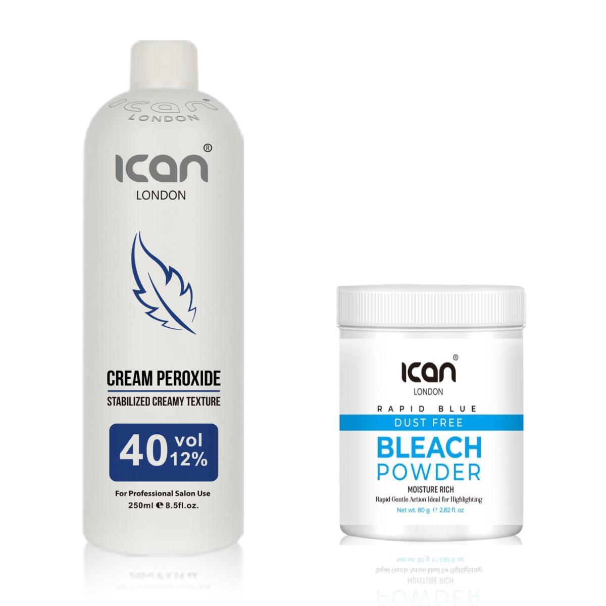 ICAN LONDON PROFESSIONAL CREAM PEROXIDE 40 VOL 12% 250 ML + RAPID BLUE POWDER BLEACH 80 G JAR SET
