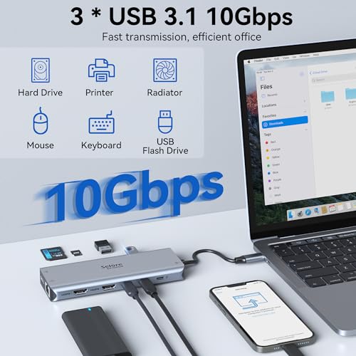 Selore USB C Laptop Docking Station Dual Monitor, 13-in-1 USB C Hub Adapter Docking Station 3 Monitors with 4K DP+4K HDMI+PD+RJ45 Ethernet+USB 3.1&2.0 port+SD/TF+Audio Compatible for MacBook Dell HP