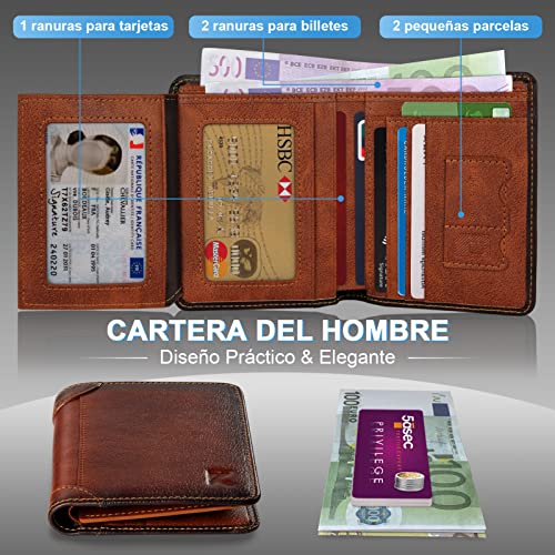 Portefeuille Homme, Kaisangtu Porte Carte De Credit en Cuir Véritable Anti RFID/NFC 11 Emplacements pour Carte Crédit, 2 Compartiment à Billets Support de Carte d\'identité avec Boîte Cadeau (Brun)