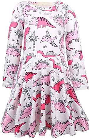 Bleubell Girls Dinosaur Dress Fun Printed for Toddlers Tweens 2-12Y