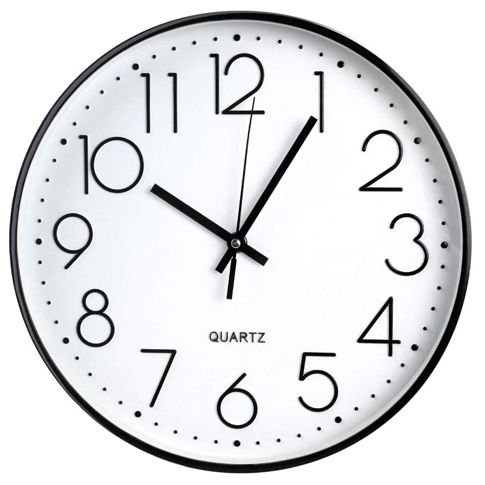 TOHOOYO Wall Clock 12 Inch Non-ticking Silent Quartz Decorative Clocks with Stereoscopic Dial Ultra-Quiet Movement Quartz for Office Classroom Home Living Room Bedroom Kitchen (Black)