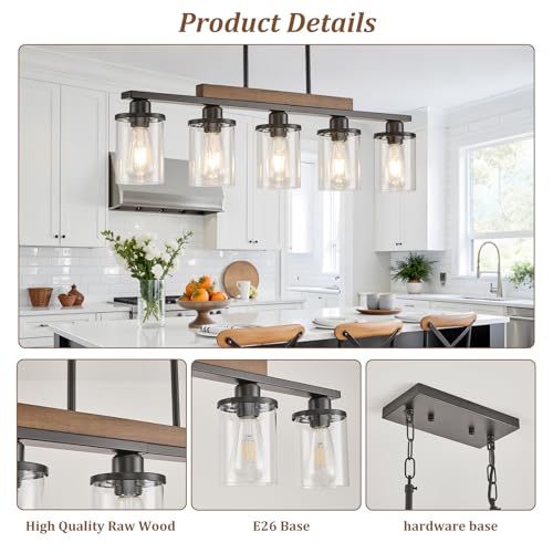 Feohak 5-Light Dining Room Light Fixture,Farmhouse Black Metal and Wood Kitchen Island Light with Glass Shade