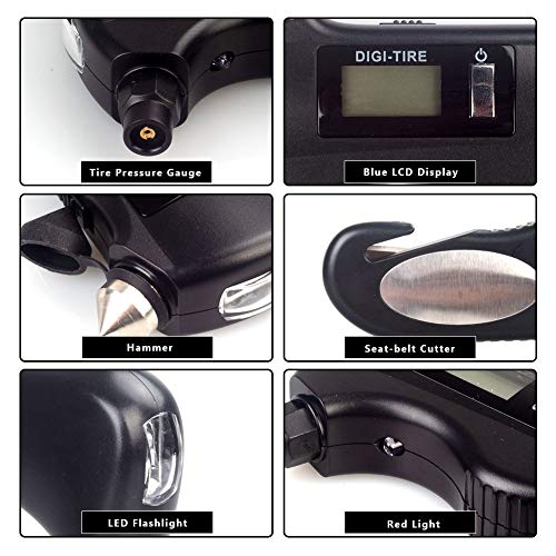 Dr. Prepare 5-in-1 Digital Tire Pressure Gauge with Emergency Rescue Tool Kit Safety Hammer Seatbelt Cutter LED Flashlight SOS Rescue Light for Bike Motorcycle Car Truck SUV (Battery Not Included) - Thumbnail 5