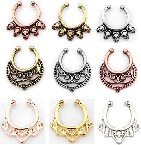 SPARIK ENJOY 9 PcsLinked Skulls Fake Clip On Non Piercing Septum Hanger Rose Gold Tone Piercing Nose Ring for Women Girls (9 pcs Style 1)