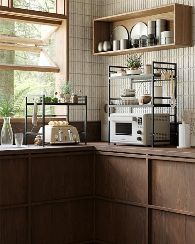 NETEL Soporte Extensible para microondas, Estante para Cocina, Altura Ajustable Estante para microondas, Organizador de Cocina, 3 Niveles con 8 Ganchos, Kitchen Shelves, Negro