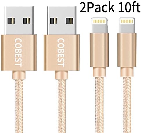 iPhone Charger Cable 10ft Lightning Cable Charging Cord Nylon Braided for iPhone 7/7 Plus/6s/6s Plus/6/6 Plus/5/5s/iPad/iPod ( 2 pack of Gold )