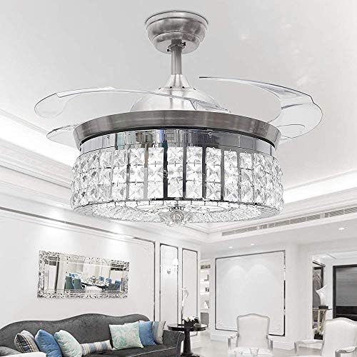 RS Lighting Crystal Ceiling Fan Modern Style Remote Control LED Mute Electric Fans Chandeliers for Home Decoration Living Room Dinner Room Simple 4 Retractable Blades 42 Inch (Silver-09)