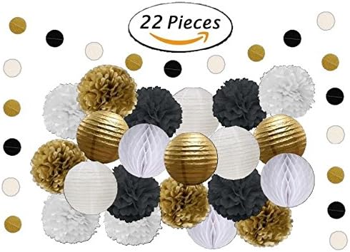 Pom Poms 22pcs Paper Flowers Lanterns Honey Comb Balls Wedding Birthday Decorations Gold White Black