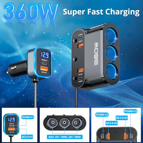 Qidoe 360 W Car Cigarette Lighter Socket 9 in 1, 3 x USB C PD 36W + Multiple Sockets, 12V/24V Cigarette Lighter Adapter with Switch Voltmeter LED Quick Charge Phone/GPS/Dash Cam