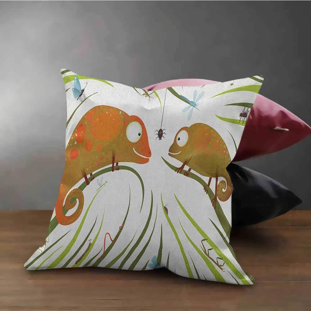 Chameleons Cushion Cover Decorative Hungry Animals Grass Looking at Spider Insect World Illustration Worm Ladybug Pillow Case for Chair, Deco Indoor Multicolor (12"x12")