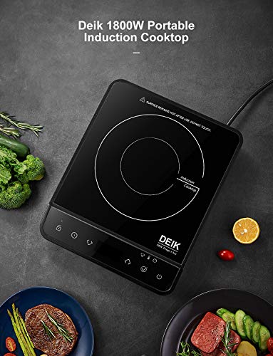 Portable Induction Cooktop, Deik 1800W Sensor Touch Induction Cooker with Child Safety Lock, Countertop Burner with Timer, 15 Power Levels and 10 Temperature Settings, Crystal Plate Surface, Black