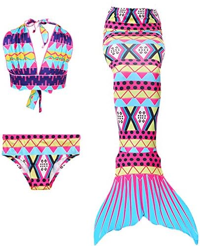 Mermaid Tail, FIOKASO 3PCS Girls Swimmable Mermaid Costume for Swimming Kids Swimwear(No Monofin)