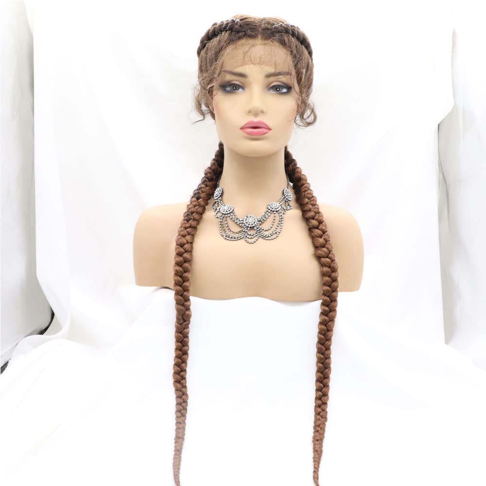36" Braided Golden Brown Wig 2 Double Twist Braided 360 Full Lace Front Wig Add Human hand Weaving Synthetic Soft Hair Natural Highline for Women,Drag Queen Halloween Makeup Party