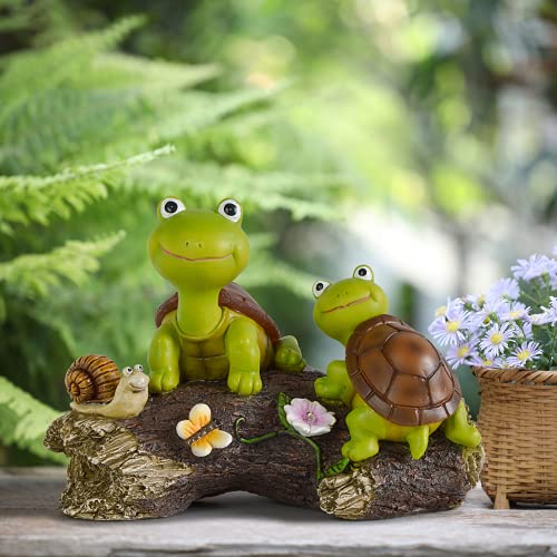 Olekki Garden Statues Turtle Decor Figurines Cute Frog Face Turtles & Snail on Log Sculpture