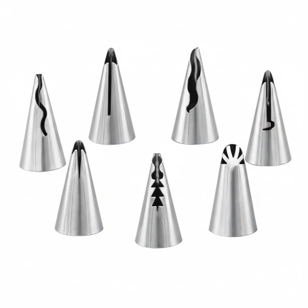 7 Pcs Professional Piping Nozzles Set - Stainless Steel Icing Tips for Cake Decorating - Large Flower Nozzles for Cupcakes, Biscuits & Pastry - Rust-Resistant & Reusable Baking Accessories
