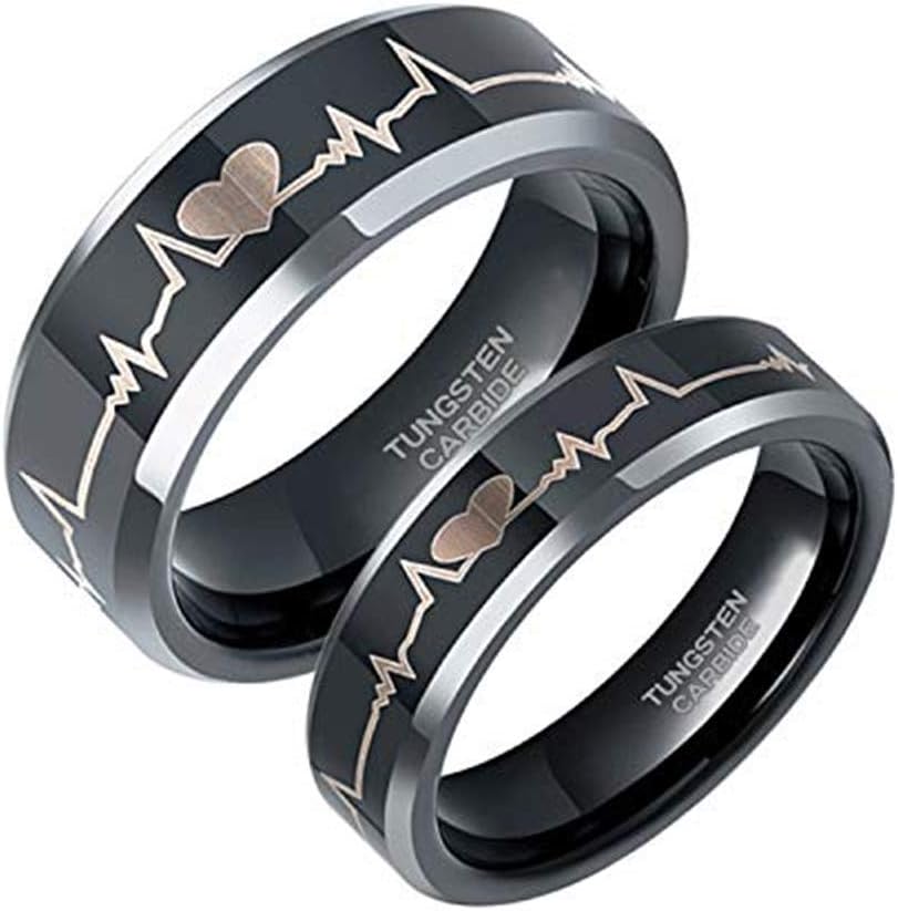 Greenpod 6mm 8mm EKG Heartbeat Wedding Band Silver Black Tungsten Carbide Ring for Men Women Comfort Fit Size 4-15