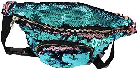 YuKing Unisex Mermaid Sequins Fanny Waist Pack Double Color Beach Waist Bag Casual Sport Outdoor Travel Crossbody Bags (Blue/Pink)