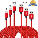 Mribo 3PACK (3+6+10)FT Lightning Cable Nylon Braided Charging Cable USB Cord for iPhone,iPad,iPod.New Version(Red)