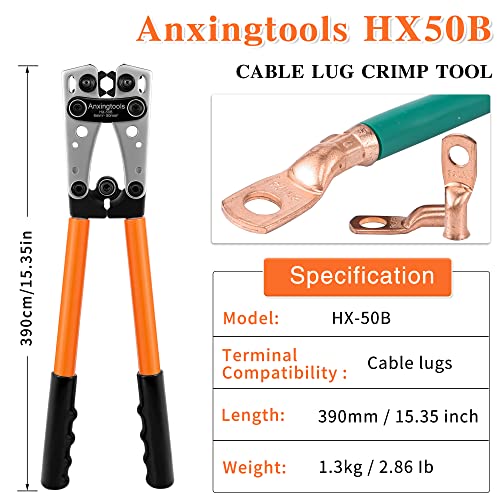 Anxingtools Battery Cable Crimping Tool for 6/10/16/25/35/50mm² Battery Ring Terminals,Copper Cable Lugs,Heavy Duty Crimping Crimp for Cable Lugs (HX50B)
