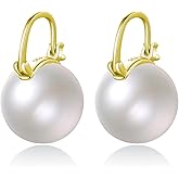 Pearl Drop Earrings Dangle 925 Sterling Silver Pearl Earrings for Women 12mm Big Pearl Hoop Earrings for Mother