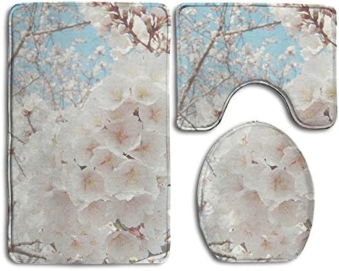 Bath Mat,3 Piece Bathroom Rug Set,Cherry Blossoms Flannel Non Slip Toilet Seat Cover Set,Large Contour Mat,Lid Cover For Men/Women