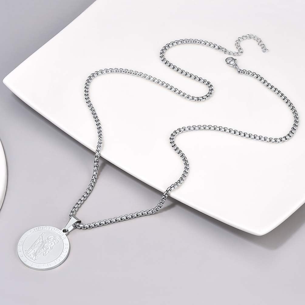 PROSTEEL St Christopher Necklace for Men Saint Christopher Pendant Chain, Catholic Protection Jewellery Silver Round (With Gift Box) - Image 5