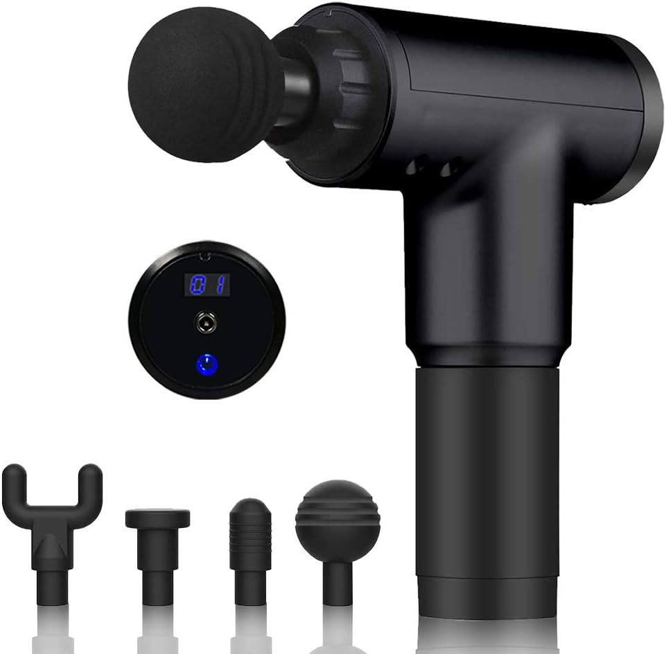 Deep Tissue Massage Gun LCD Screen,Handheld 6 Speeds Percussion Fascial Gun for Pain Relief,Super Quiet Device with 4 Interchangeable Massage Heads(LCD-Black)