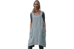 Women's Pinafore Square Apron Baking Cooking Gardening Works Cross Back Cotton/Linen Blend Dress with 2 Pockets