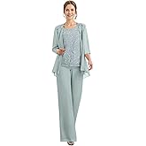 Chiffon Appliques Mother of The Bride Pant Suits 3 Pieces Women Formal Wedding Dress with Jacket