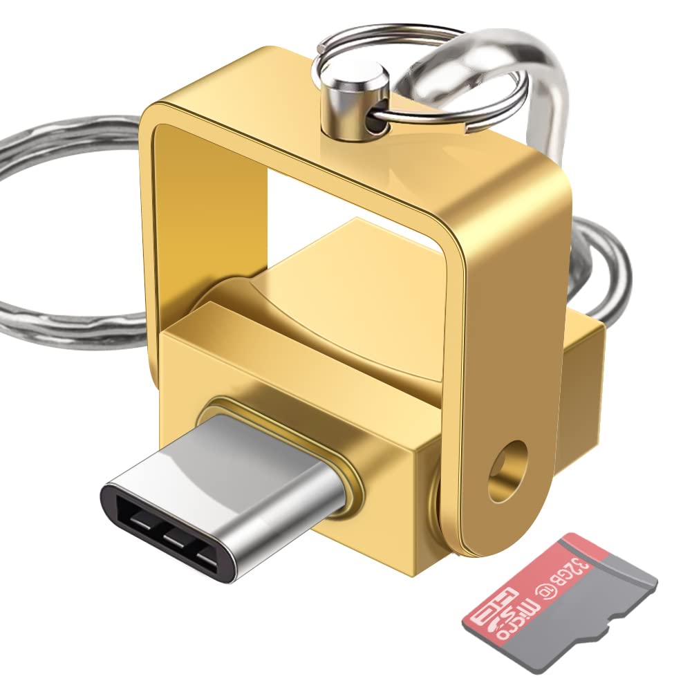 BORLTER CLAMP Micro SD Card Reader, USB C TF Card Reader, USB C to Micro SD/TF Memory Card Reader OTG Adapter Compatible with MacBook, Laptops, Tablets, Android Phones (Gold)