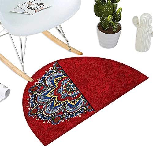 Red Mandala Semicircular Cushion Ukranian Ethnic Design Half Mandala with Swirls and Flowers Image Entry Door Mat H 39.3" xD 59" Burngundy Blue and White
