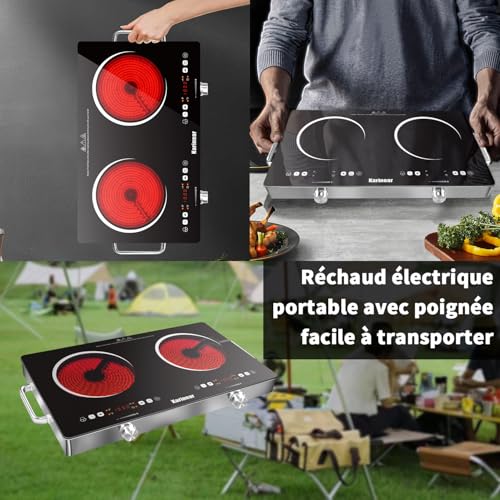 Karinear Portable 2-Burner Ceramic Hob with Handle, Electric Camping Hob, 650°C Max, 2 Burners with VDE Socket, Child Safety, Residual Heat Indicator, 220-240V