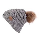 Winter Hat, NRUTUP Men Women Baggy Warm Crochet Faux Wool Knit Ski Beanie Skull Slouchy Caps Hat with Faux Fur Pompom (Gray, Free Size)