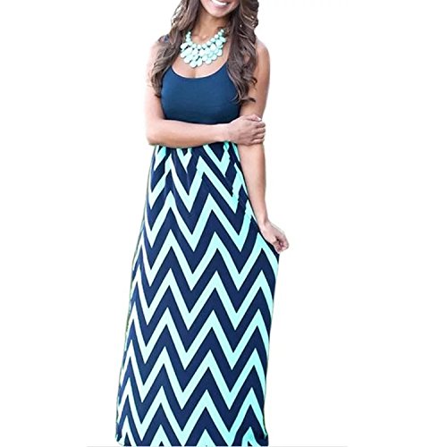 Womens Zig Zag Scoop Neck Wave Striped Tank Maxi Long Dress (Small, Lake Blue)