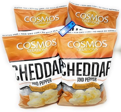 Cosmos Creations Premium Puffed Corn 4 Pack, Gluten Free, Non GMO, Bonus One HG Grocery Bag Clip (Colors Vary) (Cheddar And Pepper, 7 Ounce)