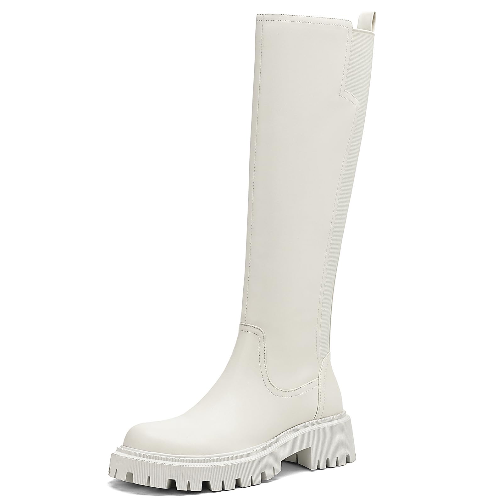 Photo 1 of TEAIEUI Women's Knee High Boots Fashion Platform Lug Sole Tall Riding Boots Comfortable Stretch Calf Dress Long Boots Beige 7.5