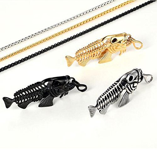 Long Sweater Chain Pendant Necklace Cuekondy Fish Bone & Fishing Hook Skeleton Stainless Steel Charm Statement Jewelry for Men Women Girls (Black)
