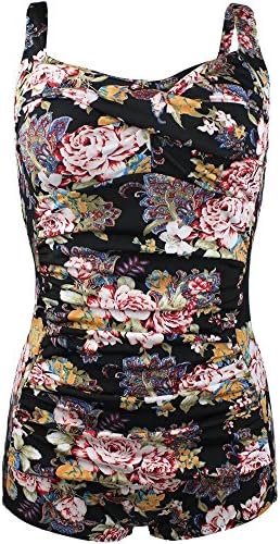Women's Vintage Floral Print Halter One Piece Boyleg Swimwear Swimsuit Black