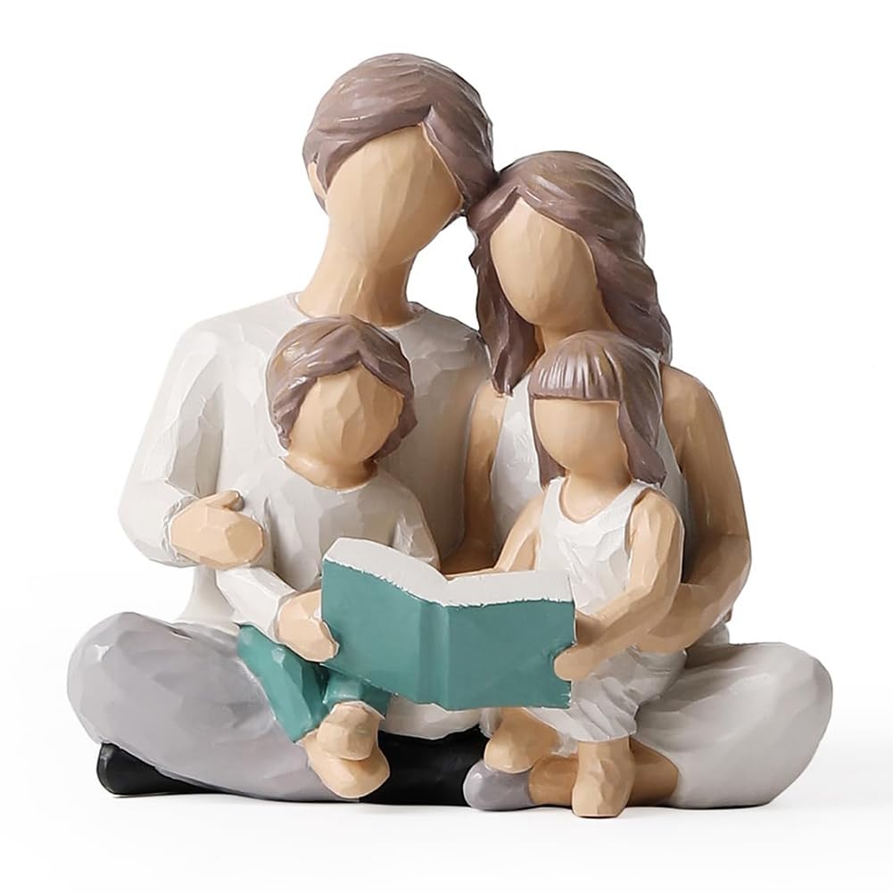 Ksrnsne 1 Piece Family of 4 Reading Book Figurines As Shown Resin for Parents or Daughter and Son, Home Decoration