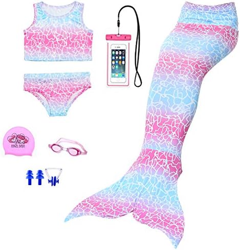 AUIE SAOSA Girl Mermaid Tail for Swimming Swimwear Cover up Sets Girls Goggles 7pcs Pink&Blue PB120