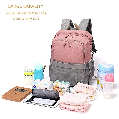 Large Diaper Bag, Dikaslon Stylish Travel Backpack Nappy Bags with Changing Pad and Stroller Straps for Baby Care, Pink and Gray