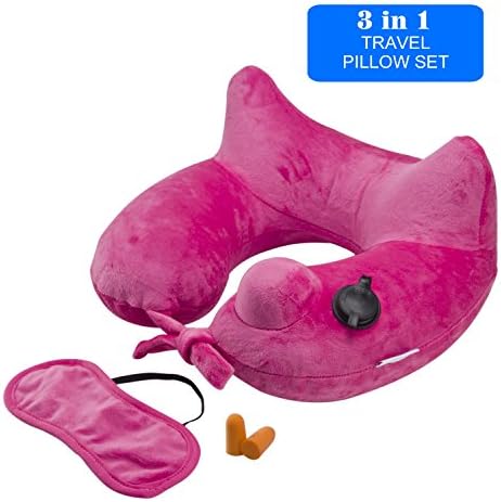 Longfit Soft Velvet Inflatable Travel Neck Pillow with Built-in Pump, Extra-Soft Washable Cover, and Compact Travel Pillow Set for Airplane,Traveling and all kinds of Relax