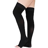 Lin Performance 15-20 mmHg Compression Stockings for Women & Men, Thigh High Dot-Top Open Toe, Leg Support for Daily & Travel Comfort (Black,XL)