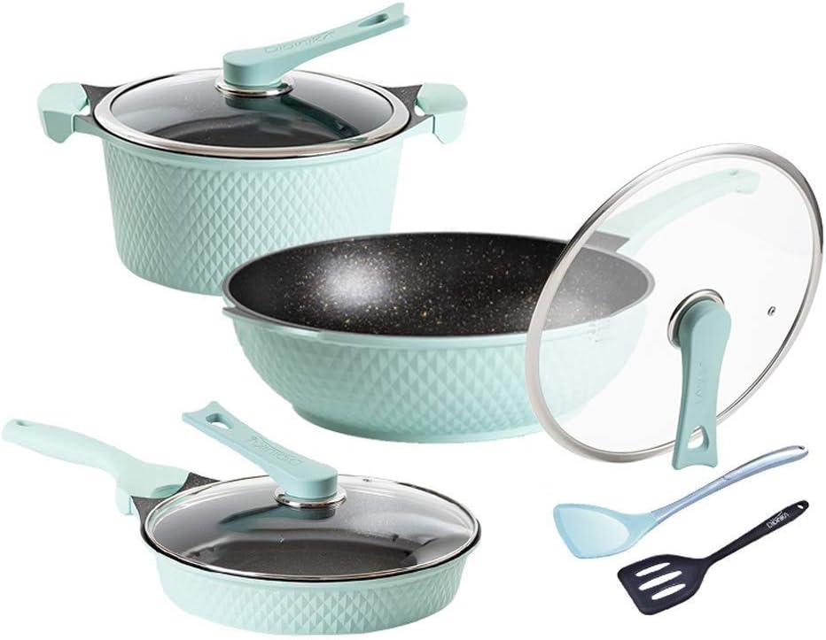 Kyman 3 Piece Nonstick Pots Pans Cookware Set Kitchen Kitchenware Cooking Household Kitchen Combination Glass Cover | Induction | Non-Stick pan (Color : Red) (Color : Green)