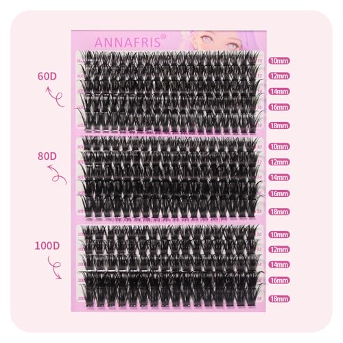ANNAFRIS False Eyelashes Kit 60D+80D+100D Eyelashes Hair to Hair 0.07mm D Curl 10-18mm Cluster Lashes Natural DIY Eyelashes(60D+80D+100D)
