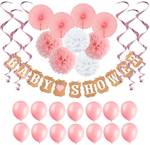 Baby Shower Decorations for Girl,Baby Shower Banner,Tissue Paper Fans,Paper Pom Poms,Hanging Party Supplies